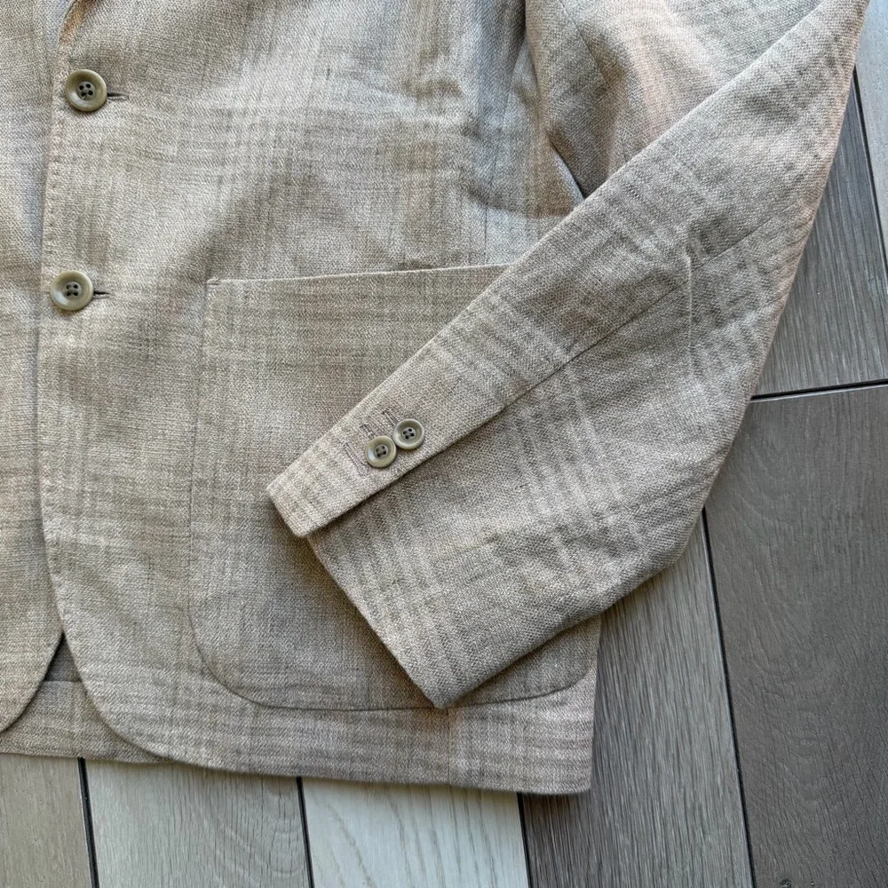 Zara Sartorial Linen/cotton Brown Check Unstructured Lightweight Blazer/Jacket